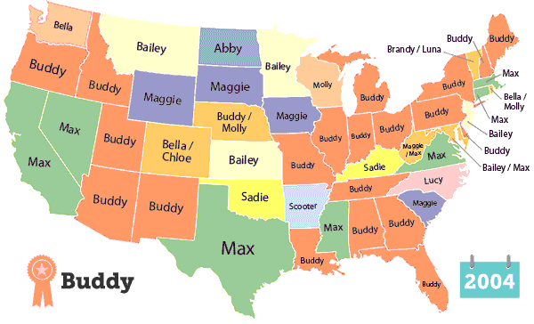 map of us with popular dog names
