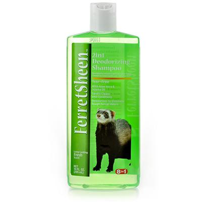 8 in 1 Presents 8 In1 Ferret Deodorizing Shampoo 10oz. 8 in 1 Ferret Deodorizing Shampoo Works to Keep your Beloved Pet Clean, Healthy and Smelling Pleasant. All you have to do is First Wet your Ferret's Coat Completely, then Lather with 8 in 1 Ferret Deodorizing Shampoo, Allowing a Few Minutes to Massage the Product into your Pet's Skin. Finally, Rinse your Ferret off to Reveal a Healthy and Clean Looking Coat! This Effective Shampoo Neutralizes Pet Odors on Contact by Using Enzymes and a Pleasant Fragrance, so you can Rest Assured that Those Odors will Disappear. This Product also Contains Jojoba Oil and Aloe Vera Gel, Two Gentle and Soothing Ingredients that Work to Condition your Ferret's Coat to a Glossy and Healthy Sheen. If you Need a Great Overall Cleanser for your Ferret, 8 in 1 Ferret Deodorizing Shampoo is the Perfect Product for You. [10225]