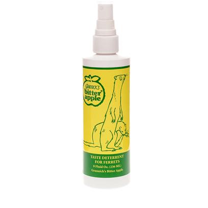 Grannicks Presents Bitter Apple Ferret Spray 8oz. Ferrets are a Lot of Fun, but their Natural Inclination to Claw and Chew Things can be a Nuisance, Even Dangerous in your Home. Bitter Apple Ferret Spray is the Best Way to Keep your Ferret Safe and your Home Livable. Spray it on Furniture, Electrical Cords, and Other Items you don't Want your Ferret Chewing On. The Formula Leaves an Unpleasant Taste in the Animal's Mouth, but is Odorless and Colorless and Safe for Use Throughout your Home. Bitter Apple Ferret Spray can also be Used to Prevent Clawing and Chewing of Sensitive Areas, Such as Bandaged Wounds or Stitches, and also Prevents Other Ferrets Scratching or Biting. The Pump-Spray Bottle is Simple and Easy to Use. Some Surfaces may be Stained by the Product, so be Sure and Read the Instructions Before Applying. [10388]