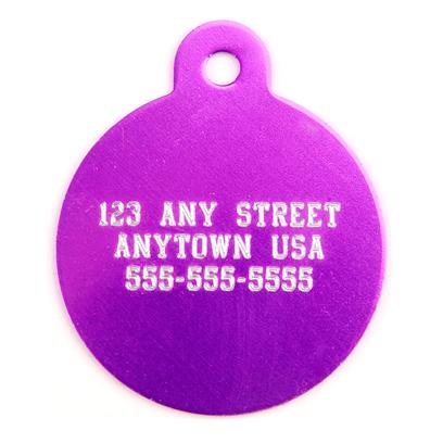 Pet Tags Presents Large Purple Circle Personalized Pet Tag 1.25' X. High Quality Purple Metallic Tag that can be Used for Id or for Fun. Has 3 Lines Available for your Pet's Name, your Name, Address and/or Phone Number. Measures 1.5'' High X 1.25'' Wide. A Must for any Pet Owner. [14189]