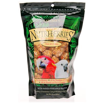 Lafeber Company Presents Lafeber's Tropical Fruit Nutri-Berries Parakeet & Cockatiel Food-10oz Bag. Nature Knows Best. In the Wild, there are Certain Foods a Bird Intuitively Craves and Seeks Out. Foods with Sweet Flavors. Succulent Flavors. Foods Like Pineapple, Papaya and Banana. And they're the Very Same Flavors Used to Create Tropical Fruit Nutri-Berries. [14368]