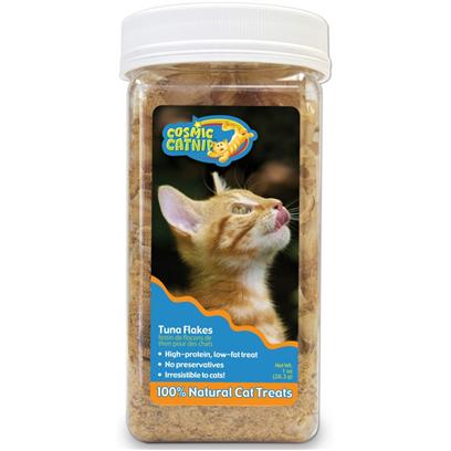 Cosmic Presents Tuna Flakes Cosmic 1/2oz Jar. Cosmic Tuna Flakes are High in Protein, Low in Fat and Rich in Aroma. Cosmic Tuna Flakes are so Good that just a Pinch will Excite and Please Even the Most Finicky of Cats. This Unique Fish Flavor Cat Treat is One that your Cat will not be Able to Resist! Made from Pure and all-Natural Tuna, these Nutritious Flakes are just Downright Delicious. Contains 100 Percent Tuna. [17520]