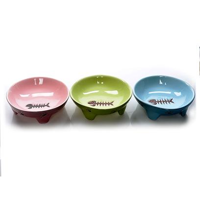 Ethical Presents Stoneware Footed Cat Dish Spot 5' Pink. Your Pet will Love this Footed Dish. Each Dish has 3 Small Feet to Create a Unique Raised Design. The Cat Dish has an Embossed Fish Bone Pattern in the Middle of the Dish. [17754]