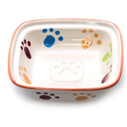 Ethical Presents Stoneware Paw Print Square Cat Dish 5' Spot Sq. Your Pet will Love this New Sqaure Design. Each Dish has a Pawprint Pattern on the Inside as Well as the Outside of the Dish. There is also an Embossed Pawprint in the Middle of the Dish Botom. [17761]
