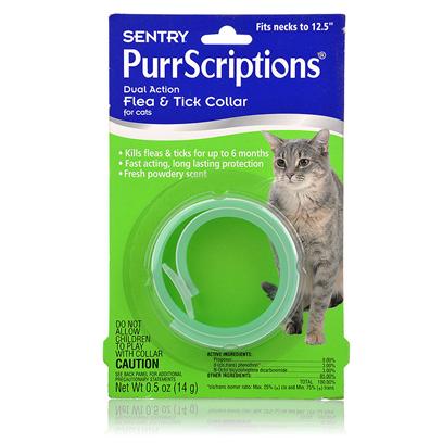 Sergeants Presents Sentry Purrscriptions Dual Action Flea and Tick Collar for Cats Necks Up to 12.5'. Sentry Dual Action Flea and Tick Collar for Cats Kills Fleas and Ticks for 6 Months. The Collar Provides Fast Acting, Long Lasting Protection with a Fresh Powdery Scent and is for Cats that are 12 Weeks or Older. The Collar Must be Worn Loosely to Allow for Growth of the Pet and to Permit the Collar to Move About the Neck. Generally, a Properly Fitted Collar is One that when Fastened, will Snugly Slide over Pet's Head. Leave 2 or 3 Inches for Extra Adjustment. Cut off and Dispose of Excess Length. Wash Hands After Placing Collar on Pet. Under Normal Conditions, Replace Collar Every 6 Months. Under Conditions of Severe Infestation and where Continued Rapid Kill is Desired, Collar may be Replaced More Often. [17817]