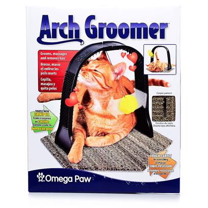 Omega Paw Presents Arch Groomer. This "Hands-Free" Groomer has an Arch Covered with Nibs Inside and out for Cats to Rub Up Against. Cat Nip Oil is Impregnated into the Plastic to Grab a Cats Attention. Dimensions 16.25" X 11" X 10.75" [17893]