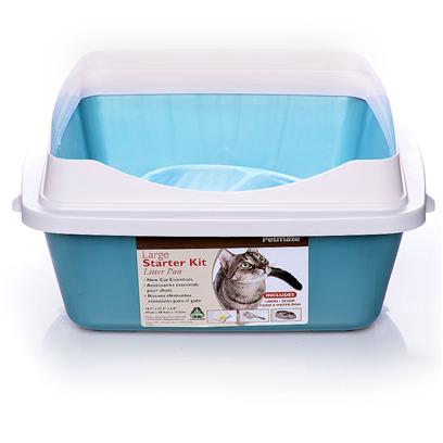 Petmate Presents Litter Pan Starter Kit Blue-Large. Start Kitty off Right with the Essentials! Each Kit Includes Litter Pan with Rim; Litter Scoop for Sifting Litter; Food and Water Bowls; Starter Pack of Disposable Litter Pan Liners to Make Cleanup Easy and Cat Toy. Case Pk 2 Color Translucent Pink [18074]