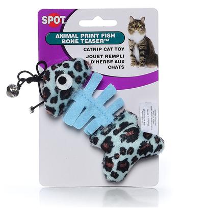 Ethical Presents Spot Animal Print Fishbone Teaser W Nip Asst Fish. Plush Fishbone Shaped Cat Toy in Assorted Animal Print Colors. Long Teaser Cord with Bell Makes this Toy a Must for all Active Cats. [18355]