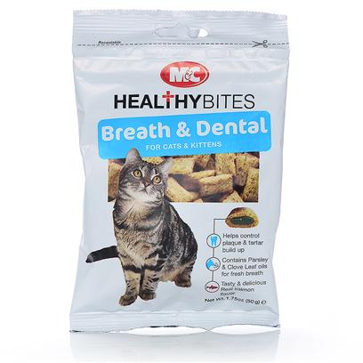 Mark and Chappell Presents Mc Breath & Dental Care Treats for Cats 1.75oz. Breath & Dental Treats are Comprised of a Unique Crunch Cereal Shell with a Tasty, Breath-Freshening Filling. The Crunchy Shell is Designed to Act as an Abrasive, Removing Debris & Plaque from the Teeth Surface Thus Assisting in the Control of Tartar Build-Up. No Brushing Required 50g Resealable Foil Pack [18521]