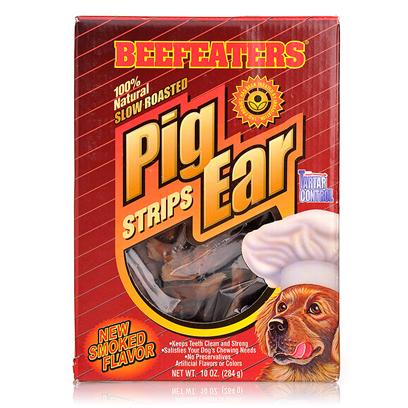 Beefeaters Presents Pig Ear Strips 10oz Box Beef. "100% Natural. Slow Roasted & Basted in their Own Juices. No Preservatives, Artificial Flavors, or Colors. Keeps Teeth Clean & Strong. Helps Fight Tartar. Chewy Texture & Easily Digestible. They are a Natural Source of Protein." [18609]
