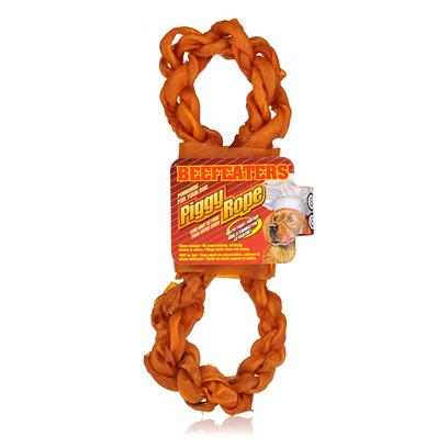 Beefeaters Presents Piggy Rope Beef Fig 8 8' Bulk. "100% Natural Pighide in a Unique, Patented Design. Slow Roasted in their Own Juices. No Preservatives, Artificial Flavors, or Colors. Keeps Teeth Clean & Strong. Helps Fight Tartar. Chewy Texture & Easily Digestible. " [18626]