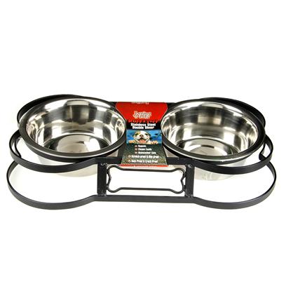 Loving Pets Presents Bone Shaped Wrought Iron Packaged Double Diner Pint. Wrought Iron Stand with Stainless Bowls Double Diner Individually Packaged Scroll Design 4.5" Tall Bone Shaped [19226]