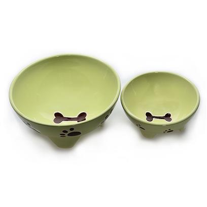 Ethical Presents Stoneware Footed Dog Dish Spot 7' Pink. Your Pet will Love this Footed Dish. Each Dish has 3 Small Feet to Create a Unique Raised Design. The Dog Dish has an Embossed Fish Pawprint Pattern in the Middle of the Dish. [19280]