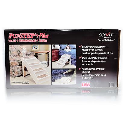 Solvit Presents Pupstep Plus Pet Stairs 24' X 16' 19.5'. Attractive & Affordable Way to Help Pets Reach their Favorite Places. Modern Styling Blends Well in any Decor. Super Lightweight (5 Lbs) - Supports over 120 Lbs. No Assembly Required. Folds Down for Easy Storage. Built with Safety Siderails & Non-Skid Feet. One Yeay Warranty. 24"L X 16"W X 20"H [19459]