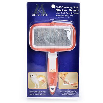 Millers Forge Presents Mf Self Cleaning Pin Brush-Mf Brush Small (Sml). Top Quality Slicker Brush with Soft Pad and Stainless Steel Pins. Specially Engineered Top Flips Back to Easily Remove Dead Hair from Pins After Brushing. After Brushing your Pets Coat, Pull Up Tab to Unlock the Brush Face and the Hair will Come out of the Brush! Snap the Brush Face Back in Place and Brush Again. The Comfort Grip Handle and Stainless Steel Pins Provide Excellent Grooming Results with Minimal Effort. Small [19769]