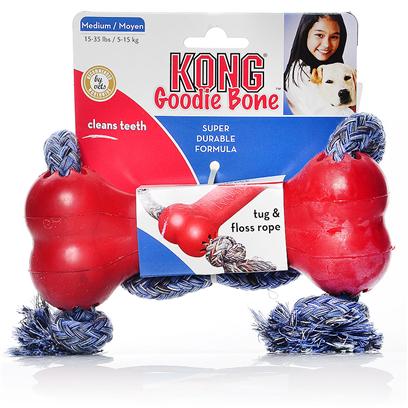 Kong Company Presents Kong Bone with Rope Medium Dogs 15-35lbs. Kong's Popular Medium Stuff a Ball and Goodie Bone also Come with a Rope Attached. High Quality Floss Rope Entices Dogs and Cleans Teeth as they Chew. Kong [20364]