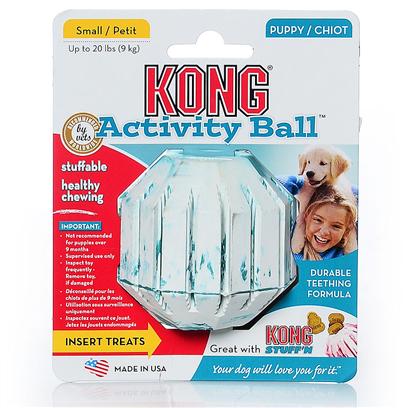 Kong Company Presents Kong Small Puppy Activity Ball Puppy-Up to 20lbs. Puppy Kong Activity Ball is the Perfect Toy for Puppies with Energy to Burn. Fill the Center or Grooves of Activity Ball with Kong Puppy Treat, Snaps or Ziggies and Watch the Fun Begin. The Treat Dispensing Feature Keeps Puppies Entertained while Enhancing their Intellectual Development. The Activity Ball is Made with Kong's Special Teething Rubber Formula to Soothe Sore Gums and Gently Clean Teeth. [20372]