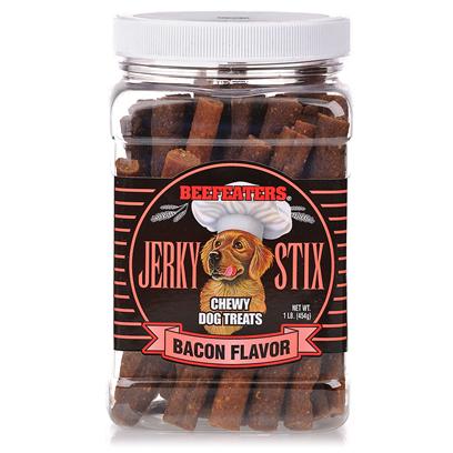 Beefeaters Presents Bacon Jerky Stix 1lb Jar. Made with the Highest Quality Ingredients. Satisfy a Dog's Natural Craving for Meat & Natural Urge to Chew. Can be Offered as a Treat Between Meals or as a Reward when Training. Resealable Jar to Ensure Freshness. [20518]