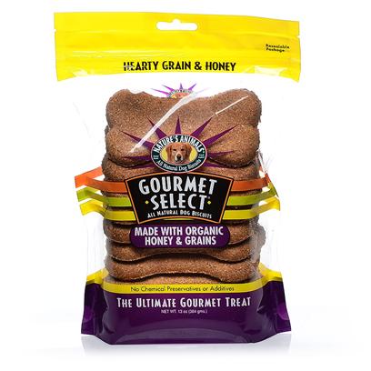 Nature's Animals Presents Gourmet Select Organic Bone Shape Cookies Hearty Grain & Honey 13oz. Nature's Animals Gourmet Select Organic Mini Bones Feature our Popular Gourmet Select Organic Flavors in a Miniature Bone Shape and are Sold in Resealable 7-Ounce Bags. Delicious Flavors Include Hearty Grain & Honey, Peanut Butter & Carob, and Carrot Crunch. Organic Foods are Produced without the Use of Herbicides, Pesticides or Artificial Fertilizers, are not Irradiated and do not Contain Chemical Additives or Preservatives. The Growing of Organic Food is Based on a System of Feeding and Farming that Mimics Natural Ecosystems and Maintains and Replenishes Nutrients in the Soil. Gourmet Select Organic's Food Ingredients have been Grown and Handled According to Strict Organic Standards that are Enforced by Independent Third-Party State or Private Organizations. Gourmet Select Conforms and Meets the Requirements for Organic Foods and is Certified Organic by Quality Assurance International. Ingredients Organic Whole Wheat Flour, Organic Wheat Bran, Organic Barley Malt, Organic Honey, Organic Brown Rice, Corn Oil, Organic Parsley, Organic Garlic and Preserved with Mixed-Tocopherols (Source of Vitamin E). [20611]