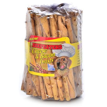 Beefeaters Presents Cheese Twists 75pk Beef. "Made Using our Exclusive, Non-Stain Process from the Highest Quality Rawhide Available. Helps Reduce Tartar & Massages Gums." [20947]