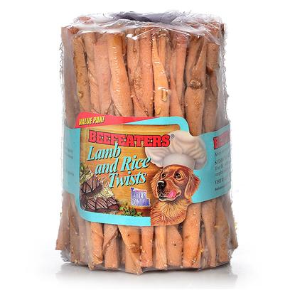 Beefeaters Presents Lamb and Rice Twists-75pk 75 Pack. "Made Using our Exclusive, Non-Stain Process from the Highest Quality Rawhide Available. Has Bits of Rice on the Bone. Helps Reduce Tartar & Massages Gums. " [20980]