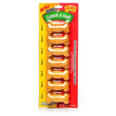 Dingo Brand Presents Dingo Crunch'n Stuff Mini-7 Pack. Crunchy Rawhide Bones Stuffed with a Meaty Surprise Inside Pet Specialty Exclusive! Munchy Rawhide is Basted and Stuff with Real Meat also Available in a Medium Size 7 Pk [21010]