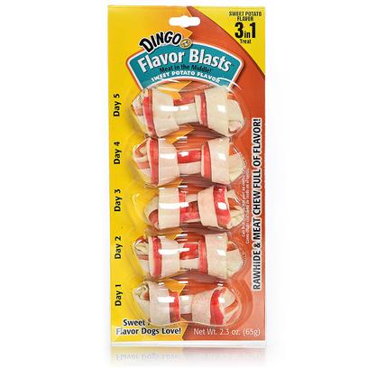 Dingo Brand Presents Flavor Blasts Sweet Pot Min-3.2oz 5 Pack. 3-in-1 Tasty Treats with Real Meat in the Middle! Pet Specialty Exclusive! Delicious Combination of Real Meat Wrapped in Flavored Rawhide and Wrapped again in Natural Rawhide also Available in Bacon & Cheese Flavors 5 Pk [21020]