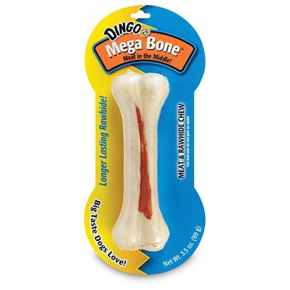 Dingo Brand Presents Dingo Mega Bone White-2.4' 7 Pack. Dingo Mega Bone Compressed Bones are Great for the Aggressive Chewing Dog. They Contain Real Chicken Jerky Wrapped in a White Rawhide. [21027]