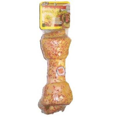 Beefeaters Presents Cheese & Bacon Bone 7-8'. "Made Using our Exclusive, Non-Stain Process from the Highest Quality Rawhide Available. Helps Reduce Tartar & Massages Gums. " [21197]