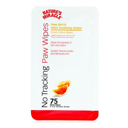 Nature's Miracle Presents Nature's Miracle no-Track Paw Wipes 75 Count. Features Advanced Deep Cleansing Formula • Quilted Texture Grabs Deep Set Dirt & Odor for no Tracking • with Aloe Vera & Lanolin • Fits Right in the Palm of your Hand for Easy Cleaning • Cleans & Deodorizes Paws Wipe Size 5" X 6" Fresh Citrus Scent 75 Count [21372]