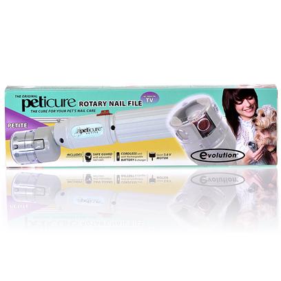 Safari Presents Peticure Rotary Nail Filer Petite. Peticure Features a Built-in Nail Stabilizer so your Pet Won't Shake During Trimming. Peticure is the Quick, Easy, and Painless Way to Keep your Pet's Nails Trim and Clean. Unlike the Traditional Pet Nail Trimmer. Safe Guard Features 6 Holes Sizes that Prevent Accidental Hair Winding. Variable Speed, Cordless, Rechargeable 3.6 Volts Battery. For Small Pets. [21438]