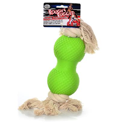 Four Paws Presents Rough & Rugged Rubber Dumbbell with Rope Fp Toy. Part of a Complete Line of Unique and Traditional Style Toys Made with the Highest Grade of Rubber and Filled with Unique Polymers to Give Extra Bounce. [21705]