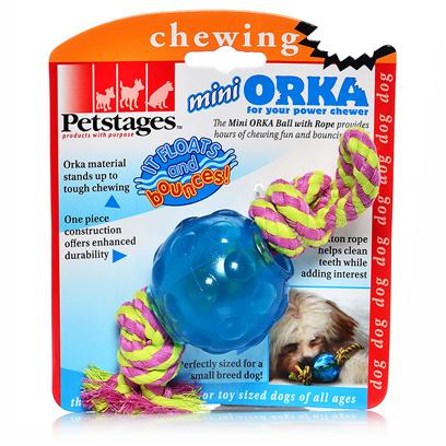 Petstages Presents Petstages Mini Orka Ball with Rope Bal. The Mini Orka Ball with Rope Provides Hours of Chewing Fun and Bouncing Play! Orka Material Stands Up to Tough Chewing, can be Tossed, Thrown and Bounced, Large, One Piece Construction Offers Hours of Fun, Cotton Rope Helps Clean Teeth while Adding Interest, it Floats, Perfectly Sized for a Small Breed Dog! Master Pack 48 Inner Pack (Inner) 3 in Poly Bag [21765]
