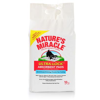 Nature's Miracle Presents Nature's Miracle Absorbent Pads 1 Pack of 50pcs. Ultra Lock Absorbent Pads Absorb over 450 Grams of Fluid • Quick Dry Top Draws in Fluids Quickly into Pad • Prefabricated "Core" Enables Pads to Absorb 100% More Fluids than Traditional Training Pads • Virgin Plastic Bottom Provides Superior Leak Protection Grass Scent - Recommended by Vets to Help Dogs Associate "Go here" with the Outside also Available in 10 Count Bag & 100 Count Box 50 Count Bag [21809]