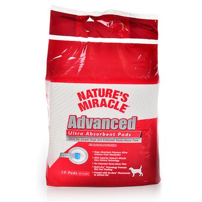 Nature's Miracle Presents Natures Miracle Advanced Ultra Absorb Pads 50 Count. Introducing the Most Absorbent Pads in the Market Today Ideal for Larger Dog & Extended Alone Time • Holds 6 Cups of Fluid! Mega Absorbent Polymers Allow Extreme Fluid Absorption • Extra Large Quilted Pads with Superior Nature's Miracle Odor Control Technology • Quick-Dry Technology Prevents Wet Paw Tracking • Treated with on-Spot™ Pheromones to Attract Pet also Available in 10 and 30 Count 50 Count Bag [21961]