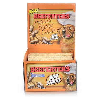 Beefeaters Presents Peanut Butter Stix Beef 3/4x5' 52bx. "These Extruded Rawhide Stix are Made Using our Exclusive, Non-Stain Process from the Highest Quality Rawhide Available. Has Chunks of Peanut Butter on the Bone. Helps Reduce Tartar & Massages Gums. " [22025]