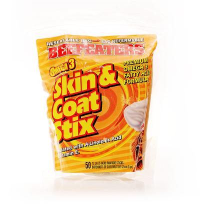 Beefeaters Presents Omega 3 Skin & Coat Stix-Beef 50 Pack. We Love our Dogs. We Love to Cuddle them and Nuzzle Them. What we don't Love is their Breath! While Nothing can Replace a Good Tooth-Brushing Now and again, Beefeaters Dental Stix are the Perfect Treats to Complement a Dog's Regular Dental Routine. They are all Natural Rawhide Chews Made with Mint, Fluoride and Parsley Seed. The Hard Texture of the Chew is Beneficial in Reducing Plaque and Tartar Build-Up, while Fluoride is Proven to Aid in the Prevention of Cavities. Mint and Parsley Seed Minimize Odors in the Digestive System, which Helps Eliminate Bad Breath. [22301]