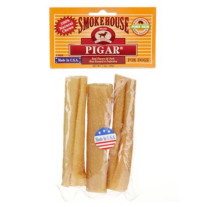 Smokehouse Presents Smokehouse Piggy Skins Pigar 3pk Small (Sm). 4" in Clear Vinyl Bag with Header 100% Natural, Dogestible Pork Skins Slow Roasted to Perfection. Rolled Like a "Cigar" [22676]