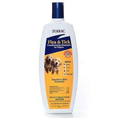 Wellmark Presents Zodiac Flea & Tick Puppy Conditioning Shampoo 18oz F T Con Sham. Zodiac Oatmeal Conditioning Shampoo Enriched with Oatmeal for Puppies Contains Precor, an Insect Growth Regulator, that Provides Dogs with 28 Days of Full Protection Against Pre-Adult Fleas Before they Become Biting Adults. It is a Concentrated Lathering Shampoo Enriched with Oatmeal, Coconut Extract, Lanolin and Aloe, which Leaves your Puppy's Coat Soft, Shiny and Manageable and Smelling Good. The Shampoo also Removes Loose Dandruff, Dirt and Scales. For Use on Puppies 12 Weeks of Age and Older. [22826]