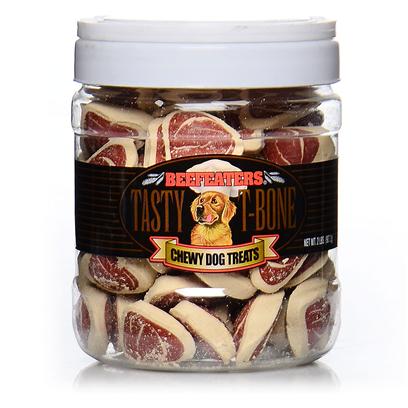 Beefeaters Presents Tasty T-Bone Chewy Dog Treat 2lb Jar Beef. Chewy Treat in Resealable Jar Beef Flavored Treat, Shaped Like a Mini T-Bone Steak. [23056]