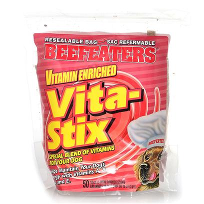 Beefeaters Presents Vitamin Enriched Vita-Stix 50pk Beef Healthy Stix Vita. We Love our Dogs. We Love to Cuddle them and Nuzzle Them. What we don't Love is their Breath! While Nothing can Replace a Good Tooth-Brushing Now and again, Beefeaters Dental Stix are the Perfect Treats to Complement a Dog's Regular Dental Routine. They are all Natural Rawhide Chews Made with Mint, Fluoride and Parsley Seed. The Hard Texture of the Chew is Beneficial in Reducing Plaque and Tartar Build-Up, while Fluoride is Proven to Aid in the Prevention of Cavities. Mint and Parsley Seed Minimize Odors in the Digestive System, which Helps Eliminate Bad Breath. [23223]