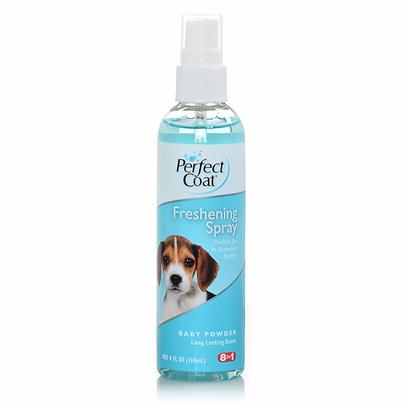 8 in 1 Presents Pro Pet Baby Powder Freshening Scent Spray 4oz 8in1 Pwdr Fresh Spry. Perfect Coat Baby Powder Freshening Spray Nourishes, Detangles and Adds Shine to the Coat. Formulated with the Help of Groomers to Ensure this Spray Contains the "Must have" Combination of Premium Ingredients to Meet the Demands of the Most Discriminating Pet Grooming Needs. [23658]