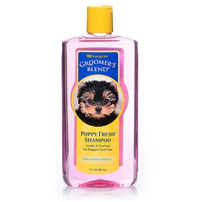 Synergy Labs Presents Groomers Blend Puppy Shampoo 17oz. For Puppy's First Year. Our Gentle, Tearless Groomer's Blend™ Puppy Fresh Shampoo™ Contains no Harsh Detergents, Irritants or Pesticides. It Won't Hurt Eyes or Sensitive Skin. Puppy Fresh Shampoo Keeps your Puppy's Coat Soft and Conditioned and Leaves a Fresh, Clean, Baby Powder Fragrance. Tearless, Ph Balanced and Gentle Enough for Puppies' First Year. [23690]