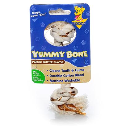 Petmate Presents Booda Yummy 2 Knot Rope Bone Peanut Butter Extra Small Medium. Excite your Dog's Taste Buds with the Intense Flavors of Booda Yummy Bones™. These Tasty One-of-a-Kind Rope Bones Contain Flavored, all-Natural Cotton Fibers that will have your Dog Tugging, Pulling and Chewing for Hours. Plus their Tight, Long-Lasting Knots Clean Teeth, Massage Gums and Won't Fall Apart. Yummy Bones are Available in Steak and Peanut Butter Flavors and Come in Extra Small, Medium, Large and Extra Large Sizes. Case Pk 36 [23838]