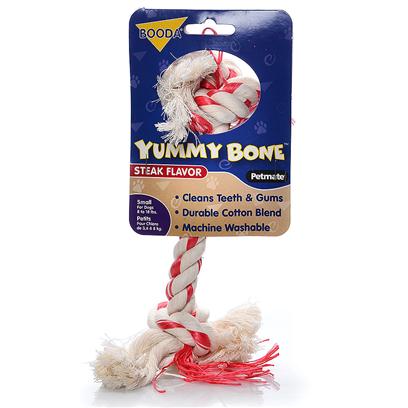 Petmate Presents Booda Yummy 2 Knot Rope Bone Steak Extra Small X-Small. Excite your Dog's Taste Buds with the Intense Flavors of Booda Yummy Bones™. These Tasty One-of-a-Kind Rope Bones Contain Flavored, all-Natural Cotton Fibers that will have your Dog Tugging, Pulling and Chewing for Hours. Plus their Tight, Long-Lasting Knots Clean Teeth, Massage Gums and Won't Fall Apart. Yummy Bones are Available in Steak and Peanut Butter Flavors and Come in Extra Small, Medium, Large and Extra Large Sizes. Case Pk 36 [23840]