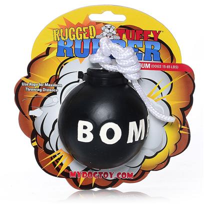 Tuffy's Presents Tuffy's Rugged Rubber-Bomb Chew Toy Tuffys Bomb. The Rope Allows you to Achieve Maximum Throwing Distance. Consists of High Quality Pure Rubber. This is a Toy you and your Dog will Love!! This Toy does not Squeak! [23850]