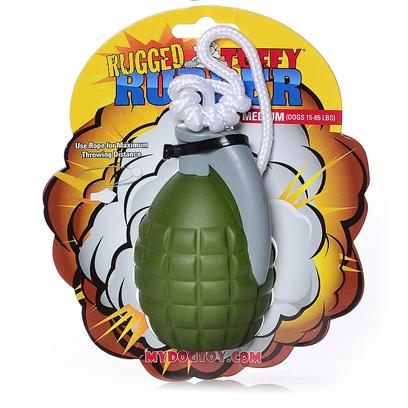Tuffy's Presents Tuffy's Rugged Rubber-Grenade Chew Toy Tuffys Grenade Small. The Rope Allows you to Achieve Maximum Throwing Distance. Consists of High Quality Pure Rubber. This is a Toy you and your Dog will Love!! This Toy does not Squeak! [23880]