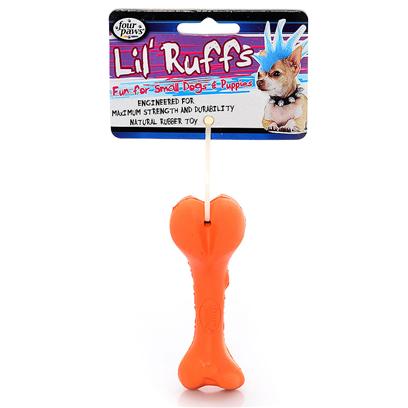 Four Paws Presents Lil' Ruffs Rubber Toy-Bone 4'. Introducing Four Paws Lil' Ruffs, a Complete Line of Natural Rubber and Cotton Rope Toys Specially Designed for Puppies and Small Dogs. Eight Puppy and Little Dog Tuff Toy Designs Offered in a Assorted 4 Pack of Three Bright Colors - Purple, Lime and Orange. [24139]