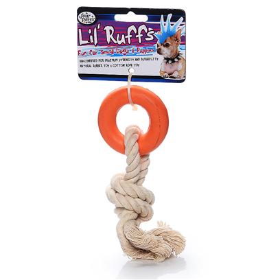 Four Paws Presents Lil' Ruffs Rubber Toy-Ring Rope Knot 4'. Puppy & Little Dog Tuff! Introducing Four Paws Lil' Ruffs, a Complete Line of Natural Rubber and Cotton Rope Toys Specially Designed for Puppies and Small Dogs. Eight Puppy and Little Dog Tuff Toy Designs Offered in a Assorted 4 Pack of Three Bright Colors - Purple, Lime and Orange. [24140]