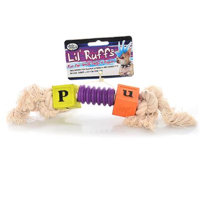 Four Paws Presents Lil' Ruffs Rubber Toy-Puppy Blocks Rope & Ribbed Center Small Dogs Puppies. The Lil' Ruffs Assortment Includes Eight Different Skus. Each Lil' Ruffs Sku has Increased Tensile Strength to Withstand a Puppy's Innate Desire to Chew and for the Inherently Playful Nature of Most Small Dog Breeds. Assorted Colors are Purple, Orange and Lime. [24170]